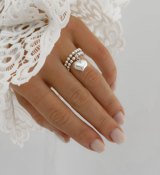 Silver Stretch Heart Charm Ring, Heart Charm, Women's Rings, Charm Rings