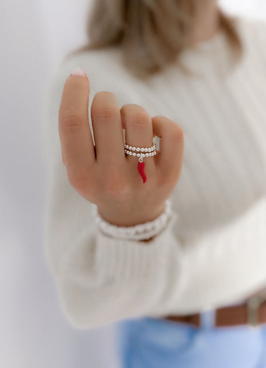 Silver Red Stretch Charm Ring, I Silver Rings, Stacked Rings