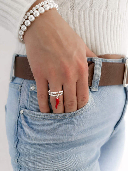 Silver Red Stretch Charm Ring, I Silver Rings, Stacked Rings