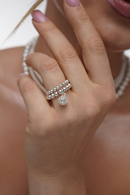 Silver Stretch Bead Charm Ring, Ring, Women's Rings, Charm Rings