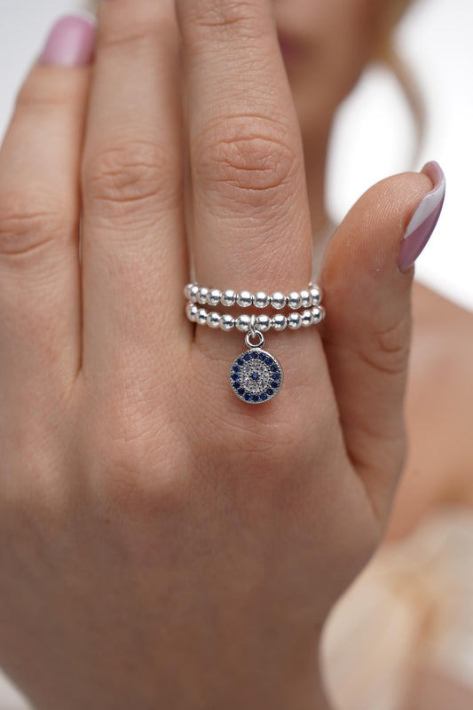 Eye Stretch Charm Ring, Evil Eye, Silver Rings, Stacked Rings